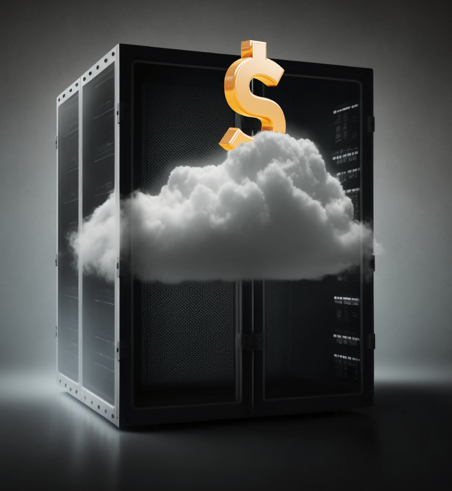 un servidor con una nube y un signo de dinero